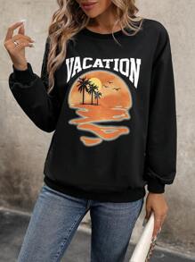 EMERY ROSE Letter & Palm Tree Graphic Drop Shoulder Sweatshirt Pullover Fall Sweatshirt - Black - View 1