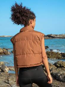 In My Nature Letter Graphic Zip Up Crop Padded Coat - Brown - View 6