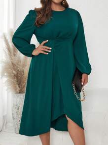 SHEIN Clasi 大碼燈籠袖前收褶洋裝 - 綠色 - 查看 5