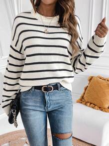 SHEIN Essnce Striped Pattern Drop Shoulder Sweater - Apricot - View 1