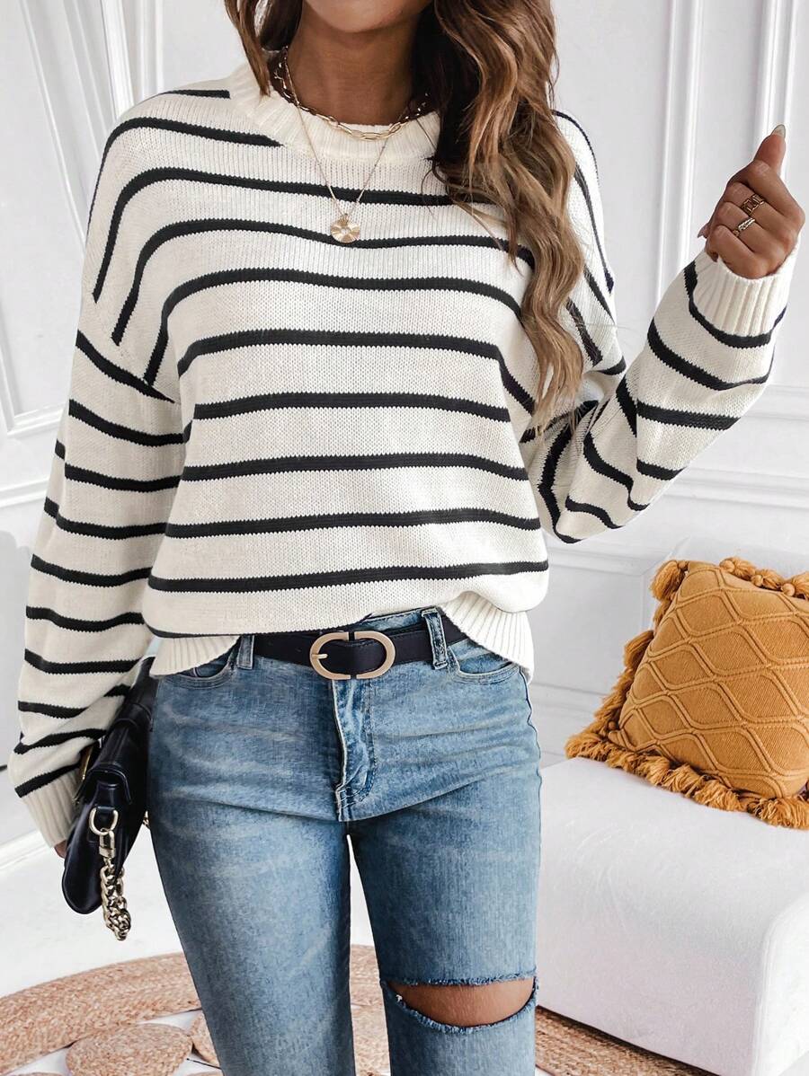 SHEIN Essnce Striped Pattern Drop Shoulder Sweater - Apricot - View 1