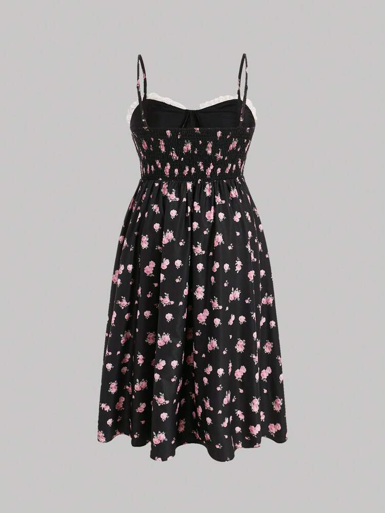 Plus Floral Print Contrast Lace Shirred Cami Dress