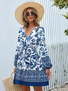 SHEIN VCAY 印花燈籠袖繫腰帶洋裝 - 藍白色 - 查看 4