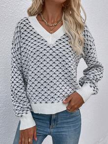 SHEIN Frenchy Họa tiết Toàn thân Thả vai Áo len - Đen và trắng - Xem 3