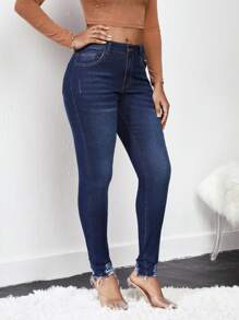 SHEIN Distressed Raw Edge Skinny Denim Trousers - Dark Wash - View 6