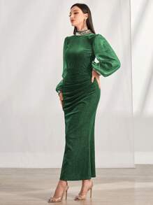 Modelyn Mock Neck Lantern Sleeve Ruched Velvet Dress - Green - View 3