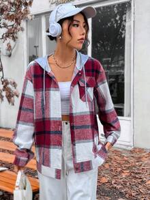 SHEIN Unity 格紋印花落肩袖抽繩連帽外套 - 紫紅色 - 查看 5