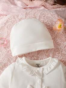 SHEIN Baby Girl Ruffle Trim Bow Front Jumpsuit & Hat - White - View 3