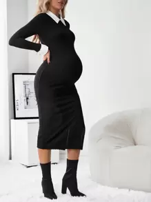 SHEIN 孕婦拼接領高衩緊身洋裝