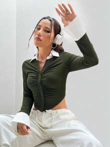 SHEIN EZwear Viền tương phản Xù Nút phía trước Mùa vụ Áo sơ mi - màu xanh lá - Xem 3