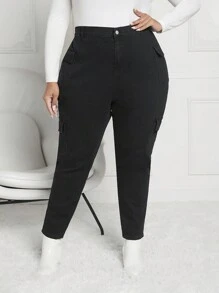 SHEIN CURVE+ Hơn Túi nắp bên cạnh Quần jean chở hàng - màu đen - Xem 6