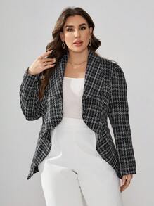 SHEIN Clasi Plus Plaid Print Shawl Collar Open Front Tweed Blazer - Multicolor - View 1