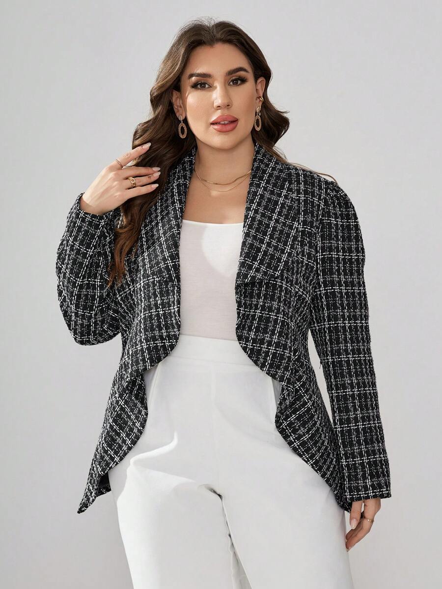 SHEIN Clasi Plus Plaid Print Shawl Collar Open Front Tweed Blazer - Multicolor - View 1