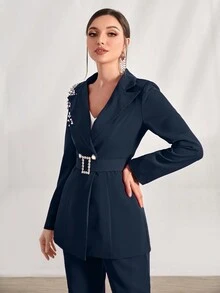 Modelyn Ngọc trai đính cườm Nút đôi Áo vest Với thắt lưng - Màu xanh hải quân - Xem 4