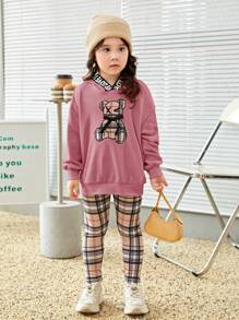 SHEIN Young Girl Bear Print Drop Shoulder Hoodie & Plaid Leggings