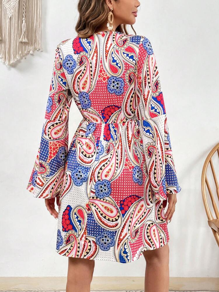 Paisley Print Flounce Sleeve Dress