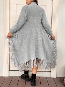 Flirla 大码纯色流苏边开衫 - 灰色 - 查看 1
