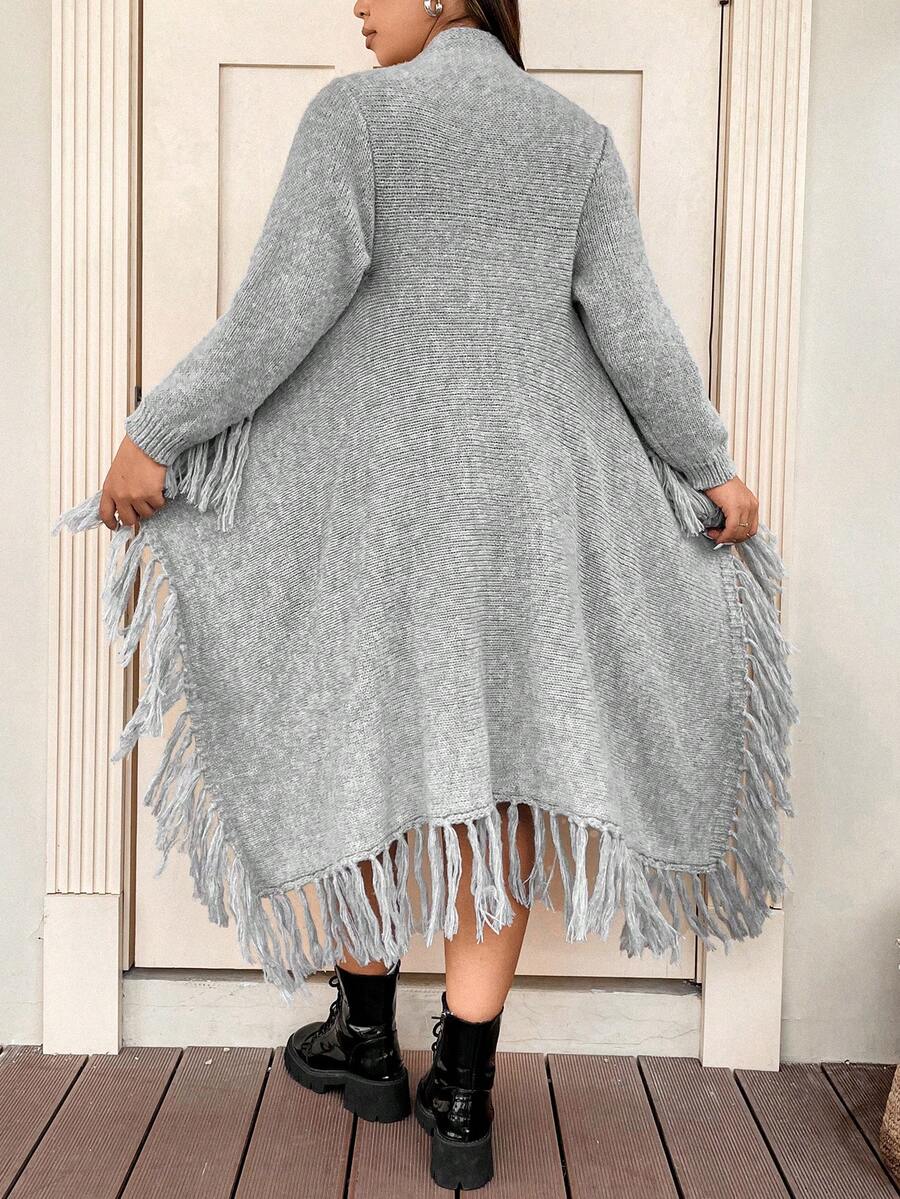 Flirla 大码纯色流苏边开衫 - 灰色 - 查看 1