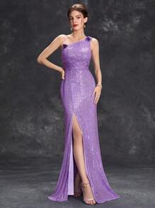 Asymmetrical Neck Split Thigh Sequin Prom Dress - Purple - View 1