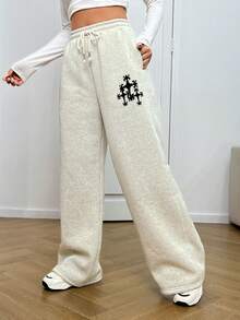 SHEIN EZwear Graphic Print Drawstring Waist Wide Leg Sweatpants - Grey - View 3