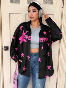 SHEIN Coolane Plus Star & Letter Graphic Drop Shoulder Shirt - Multicolor - View 4