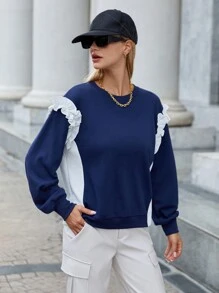 SHEIN Essnce Rüschen Farbblock Lässig Damen Sweatshirts - Blau-Weiß - Übersicht 4