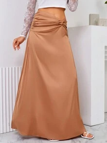 SHEIN Privé Twist Front Satin Maxi Skirt - Khaki - View 5