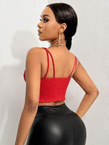 SHEIN SXY Chất rắn Bustier Hai Dây Tops Denim - Đỏ - Xem 2