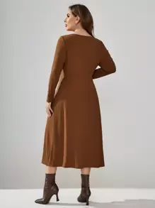SHEIN Clasi Plus Size Asymmetrical Collar Hollow Out Hem Slit Design Dress - Brown - View 2