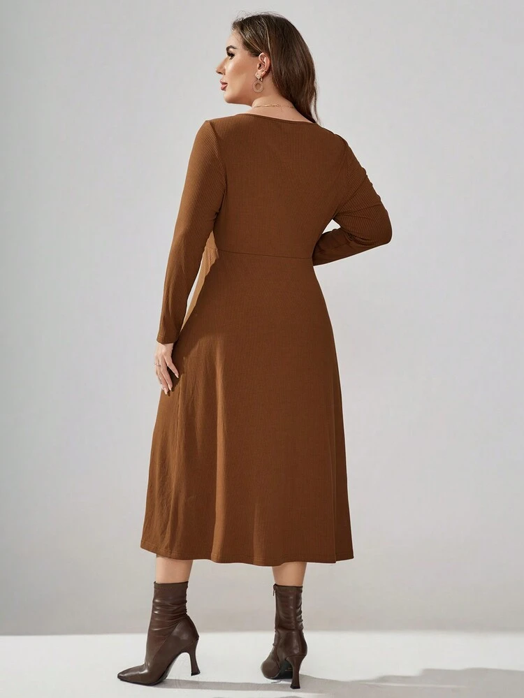 Plus Size Asymmetrical Collar Hollow Out Hem Slit Design Dress