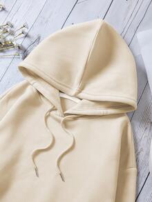 SHEIN EZwear Cartoon Cat & Letter Graphic Drawstring Thermal Lined Hoodie - Apricot - View 6