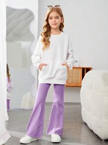 SHEIN Leap Crew Cô gái Tween Đồ họa hoa & khẩu hiệu Thả vai Áo chui đầu & Quần ống loe - Màu tím hoa cà - Xem 3