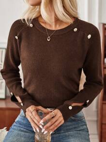 GENKIRA Button Detail Split Detail Knit Pullover Fall Winter Sweater - Brown - View 5