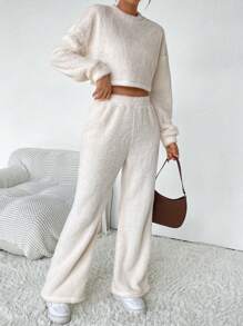 SHEIN Essnce Drop Shoulder Crop Teddy Sweatshirt & Pants - Apricot - View 1