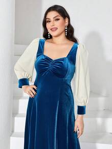 Modelyn Hơn Khối màu Cổ Trái tim Nếp gấp Phần Ngực Tay áo lồng đèn Nhung Đầm - Nhiều màu - Xem 5