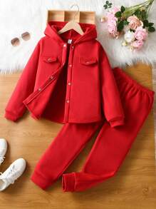 SHEIN Tween Girl Flap Detail Hooded Jacket & Sweatpants - Red - View 1