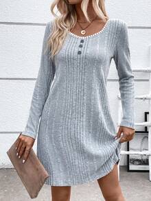 SHEIN LUNE 拼接蕾絲邊紐扣細節條紋針織T恤洋裝 - 淺灰色 - 查看 3