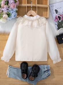 SHEIN Young Girl Contrast Lace Ruffle Trim Flounce Sleeve Shirt - Beige - View 2