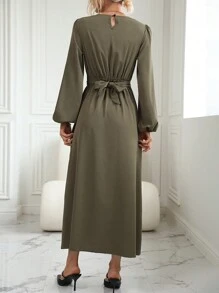 SHEIN Clasi Tay áo lồng đèn Váy Wrap Hem - xanh quân đội - Xem 2