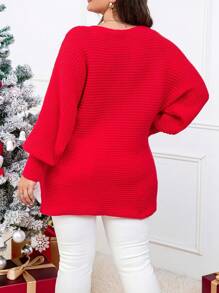 SHEIN LUNE 加大码蝙蝠袖罗纹针织套头衫秋冬毛衣 - 紅色 - 查看 2
