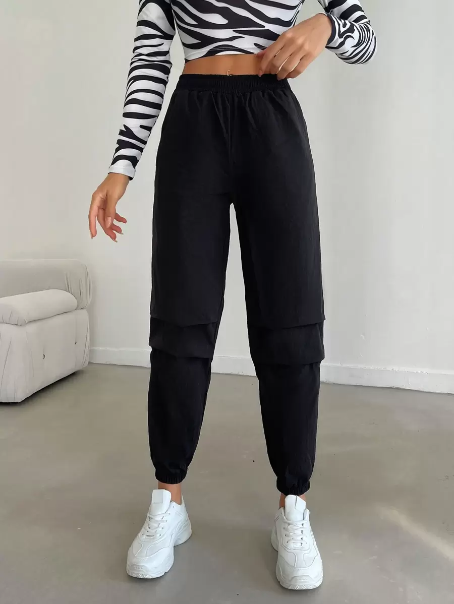 EURMUSE Solid Elastic Waist Pants - Army Green - View 1