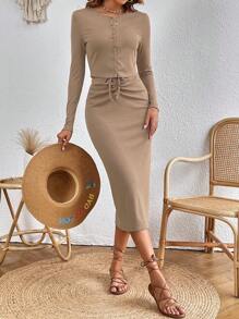 SHEIN VCAY Solid Button Front Tee & Drawstring Waist Skirt - Brown - View 4