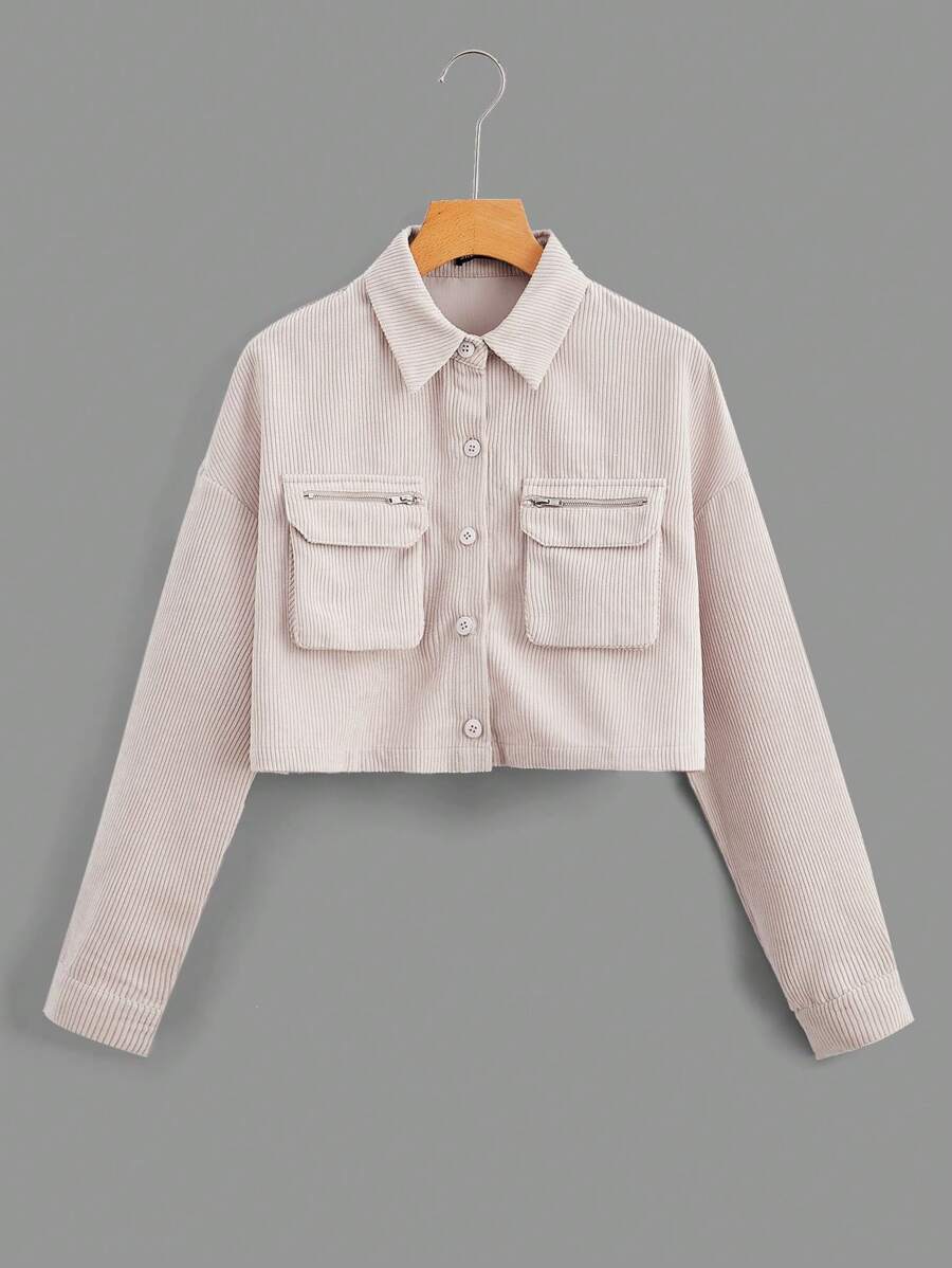 SHEIN EZwear Túi có nắp Thả vai Vải to sợi Áo khoác - Màu Khaki - Xem 1