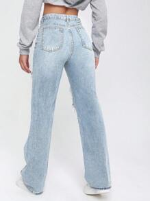 SHEIN EZwear Ripped Straight Leg Jeans - Baby Blue - View 2