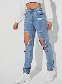 SHEIN EZwear Ripped Cut Out Straight Leg Jeans - Blue - View 5