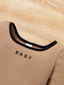 SHEIN Baby Girl Letter Graphic Contrast Trim Top - Khaki - View 4