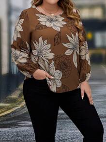 EMERY ROSE Plus Blouse Imprimé Floral Manches Bouffantes - Taupe - Voir 5