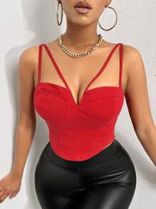 SHEIN SXY Chất rắn Bustier Hai Dây Tops Denim - Đỏ - Xem 3
