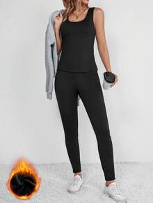 SHEIN Unity Solid Thermal Tank Top & Leggings - Black - View 3