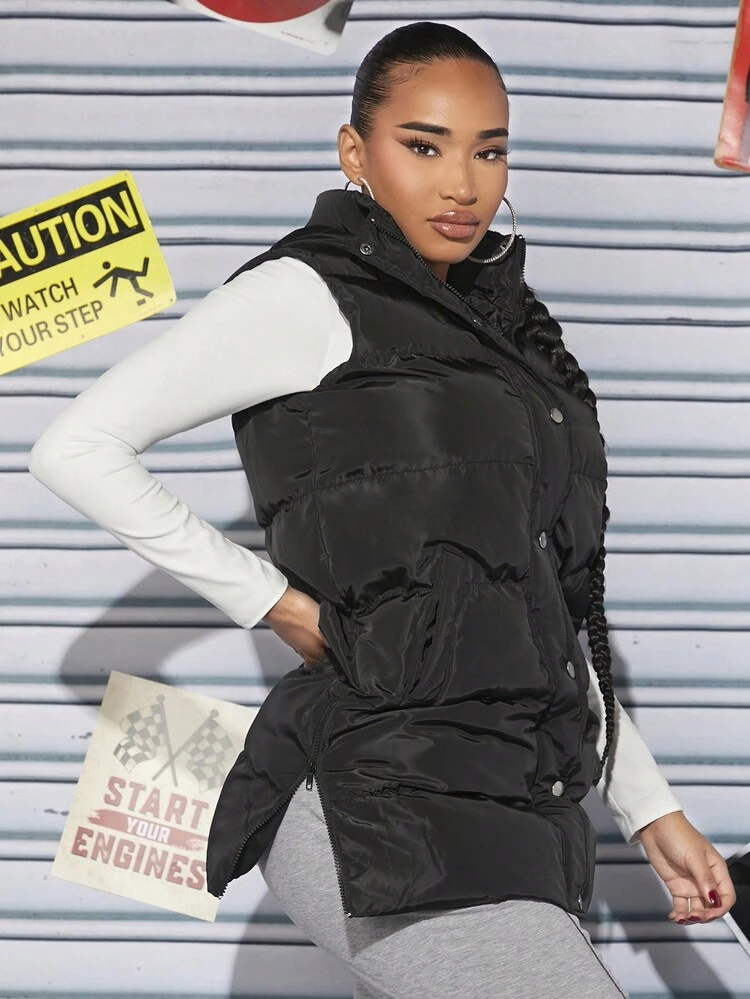 Solid Zip Up Vest Coat
